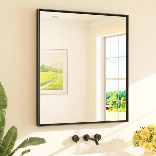 Vista 92 de TETOTE Espejo de baño dorado cepillado de 20" x 30", espejo de tocador de baño rectangular de latón dorado cepillado con marco biselado para sobre