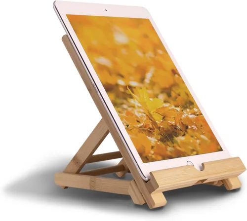Vista 6 de Healfyya Soporte para tableta de bambú - Soporte plegable ajustable para iPad con puerto de carga para escritorio o cocina