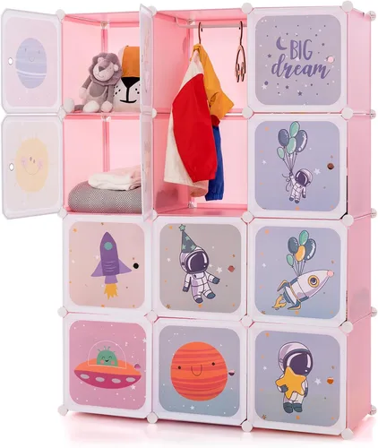 Vista 15 de INFANS Armario para niños, armario portátil para bebé, lindo para dormitorio de niños, armario de guardería con puertas, 12 cubos, 2 secciones