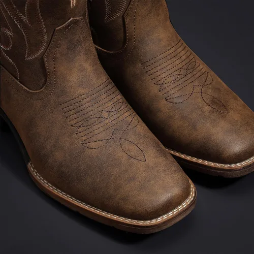 Vista 5 de Cowboy Boots for Men Square Toe Western Boots Retro Classic Embroidered Pull On Boot Marrón