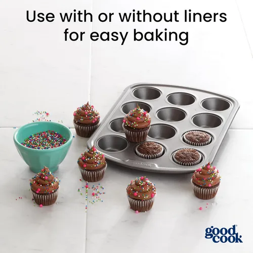 Vista 7 de GoodCook Everyday - Molde para muffins de acero antiadherente para 12 tazas, color gris