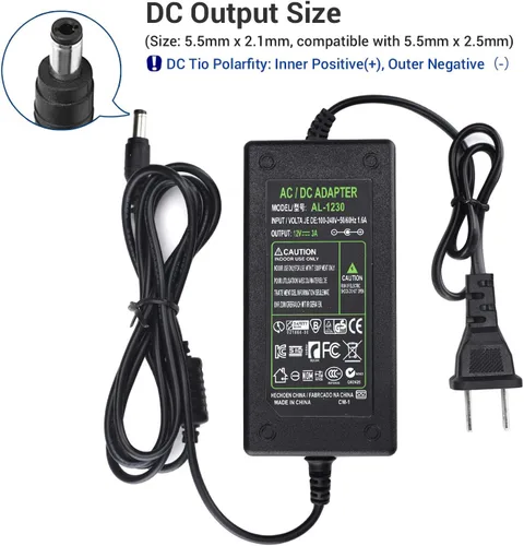 Vista 4 de Adaptador de corriente CC 12V 3A, enchufe estadounidense, cable de alimentación de 4.6 pies, transformadores de 36 vatios CA 100-240V a CC 12