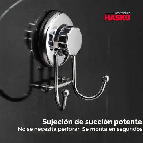 Vista 3 de Hasko Accessories Superpoderoso soporte cromado para percha, con ventosa de succión al vacío. Organizador para toallas, bata de baño y esponja