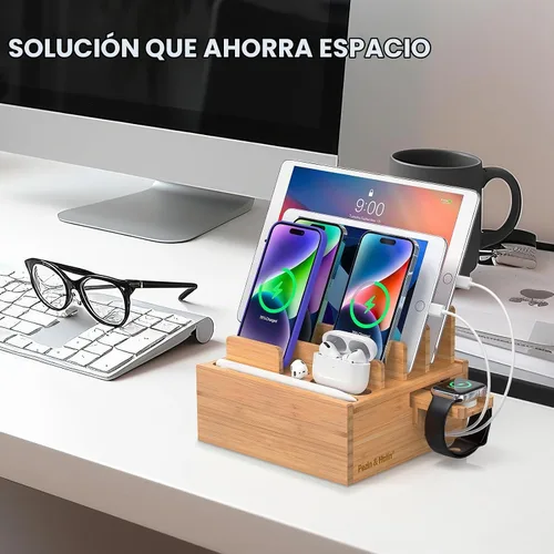 Vista 9 de Estación de carga de bambú Pezin & Hulin para múltiples dispositivos incluye cargador USB de 5 puertos, 5 cables, organizador de escritorio