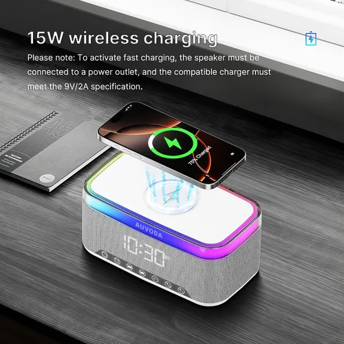 Vista 4 de Altavoz Bluetooth S300, altavoz portátil inalámbrico con carga inalámbrica de 15 W, luz nocturna de 13 colores, alarma, estéreo de 16 W, TWS, BT5.3