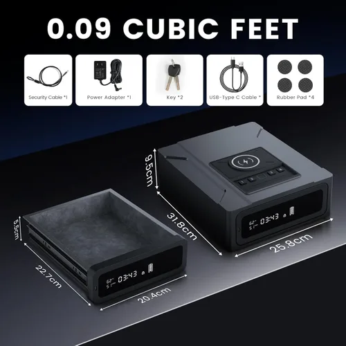 Vista 6 de XDeer Caja fuerte biométrica inteligente para pistola, mesita de noche caja fuerte inteligente con carga inalámbrica para teléfono y reloj, 4