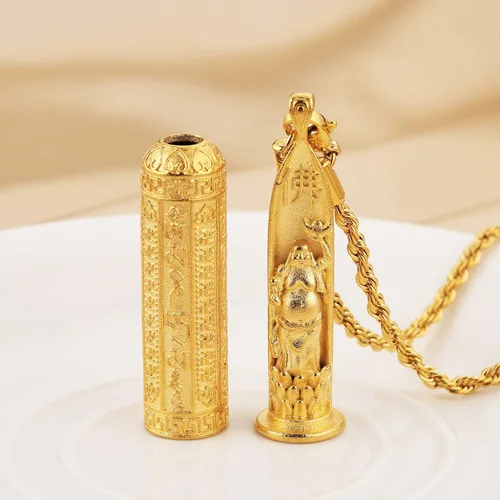 Vista 3 de HZMAN Colgante de budismo tibetano chapado en oro de 14 quilates para hombres y mujeres, collar de amuleto de Buda riendo, Latón, No es una piedra