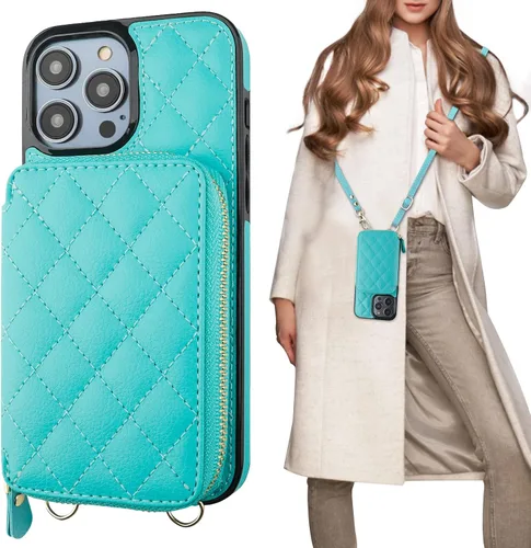 Vista 15 de Bocasal Funda tipo cartera cruzada para iPhone 14 Pro Max, con bloqueo RFID, de piel sintética, con cremallera, funda tipo cartera con función atril