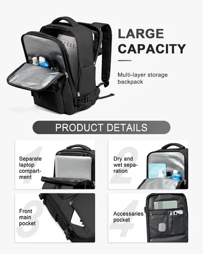 Vista 4 de WONHOX - Mochila grande, aprobada para vuelo, unisex, para viajes, trabajo, negocios o laptop, a1-Negro, Medium