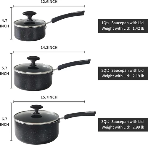 Vista 2 de Cacerola antiadherente con tapa, sartén antiadherente de 1 cuarto y 2 cuartos y 3 cuartos con asa de silicona, pequeña olla de leche con tapa