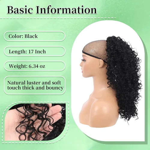 Vista 2 de Youthfee Cola de caballo con cordón para mujer, cola de caballo rizada profunda, sintética mezclada con cabello humano, negro natural, afro, rizado