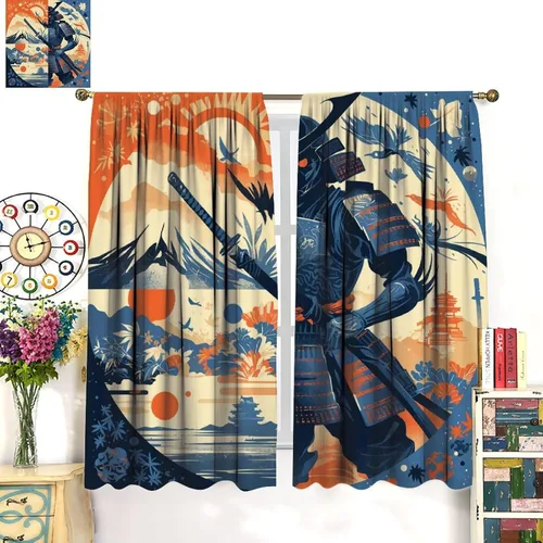 Vista 3 de Asian Japanese Samurai Blackout Curtains, Watercolor Floral Sun Mountain Art Style Window Drapes, for Kid Teens Boys Man Living Room Bedroom 42" W X