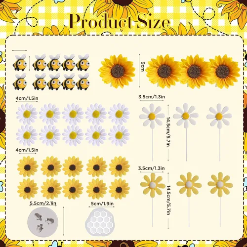 Vista 3 de RAYNAG 44 decoraciones para pasteles de abeja y girasol, juego de adornos de pastel de abeja de girasol para decoraciones de fiesta de cumpleaños