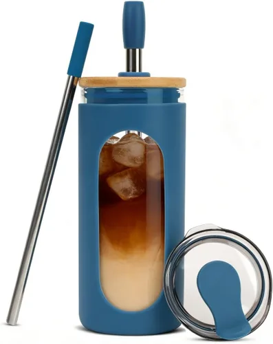 Vista 14 de Sursip - Vaso de vidrio de 20 oz con tapas y popotes, taza de café helado reutilizable de vidrio de borosilicato con tapa de bambú para batido, jugo