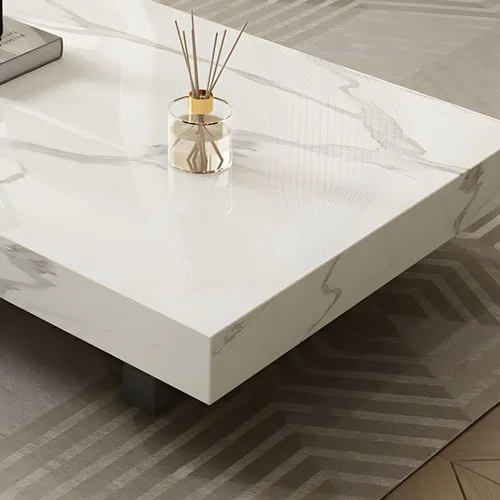 Vista 5 de LAKIQ Mesa central rectangular para sala de estar, mesa de centro moderna con parte superior de piedra con bandeja negra pequeña