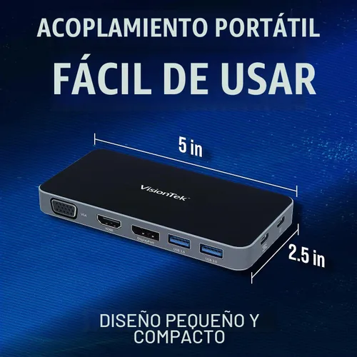 Vista 6 de VisionTek VT210 - Estación de acoplamiento USB-C de doble pantalla con paso de alimentación - DP, HDMI, VGA, 2X USB-A, 1 USB-C para Windows, Mac