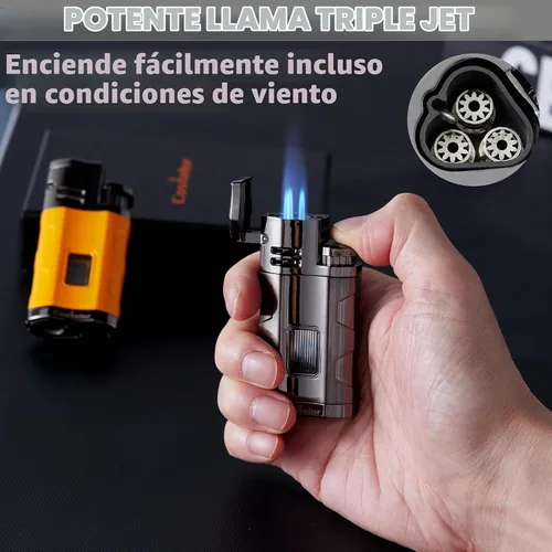 Vista 2 de Castelar Encendedor de cigarrillos de triple llama resistente al viento, recargable de butano con soporte de apoyo, butano no incluido