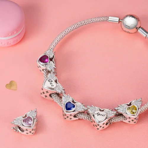 Vista 2 de NINGAN Birthstone Charms for Charms Bracelet, Angel Wings 925 Sterling Silver Love Heart Bead Pendant Birthday Christmas Jewelry Gift for Women