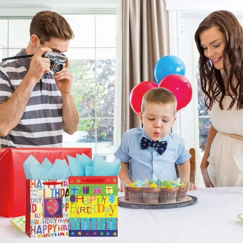 Vista 5 de Paquete de 2 bolsas grandes de regalo de cumpleaños de 12.6 pulgadas para fiesta de cumpleaños con papel de seda