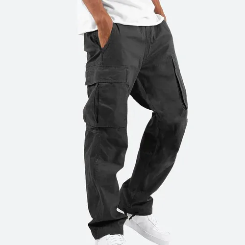 Vista 3 de Pantalones cargo para hombre, ajuste relajado, casual, delgado, playa, trabajo, calle, color caqui, pantalones holgados con bolsillos con cremallera