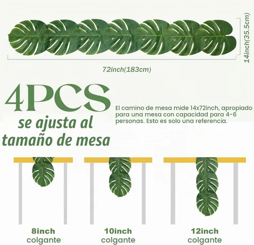 Vista 2 de AerWo 4 caminos de mesa artificiales de hojas de palma de 72 pulgadas, camino de mesa de hojas de palma tropicales para bodas, decoración de mesa