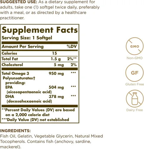 Vista 2 de Solgar Triple Strength Omega 3 950 mg - 100 cápsulas blandas, paquete de 2 - Apoya la salud de las articulaciones y la piel - Sin OMG, sin gluten
