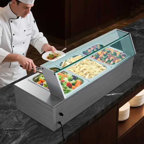 Vista 8 de VEVOR Calentador de Alimentos Comercial, Calentador de Alimentos al Vapor Eléctrico de Acero Inoxidable de 1500W con Tapa de Vidrio, Baño María