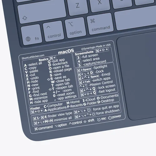 Vista 8 de Synerlogic (Universal/Neo/Air/Pro) Teclado de referencia Mac OS Adhesivo de acceso directo, vinilo laminado - para MacBook/iMac/Mini (negro)