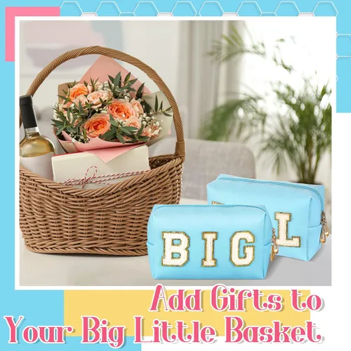 Vista 4 de Hillban 2 piezas Big Little Sorority Gifts Preppy Bolsa de cosméticos de piel sintética con parche de letras, bolsa de maquillaje portátil con bolsa