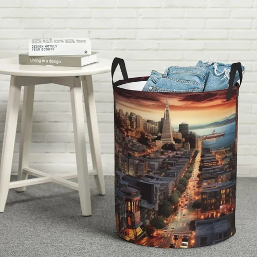 Vista 8 de Cesta circular con estampado de San Francisco, impermeable, cesta organizadora de lavandería, con asas, para ropa, juguetes, pequeña