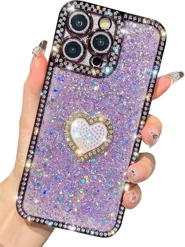 Vista 10 de Bling Glitter Heart compatible con iPhone 13 Pro de 6.1 pulgadas, bonito protector de cámara completo brillante para mujer, funda de teléfono Oro