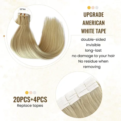 Vista 3 de Extensiones adhesivas rubias de cabello humano brasileño grado 9A, #60 rubio platino, cinta en 12 pulgadas, 20 unidades por juego, extensiones