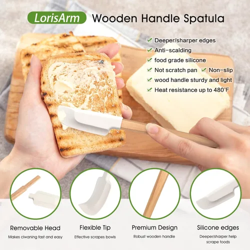 Vista 5 de LorisArm Espátulas de madera de mango largo, espátulas de silicona raspadoras de goma de 12 y 9 pulgadas para frasco, licuadora, botella.