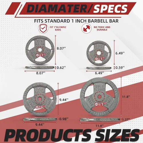 Vista 2 de Fitvids Juego de discos de pesas estándar de 1 pulgada, juego de pesas para entrenamiento de fuerza en el gimnasio en casa, diseño de triple asa