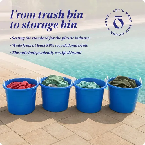 Vista 7 de HOMZ Paquete de 4 cubos utilitarios, cubo grande de almacenamiento de plástico con asas de cuerda, 18 galones, color azul, cubos portátiles