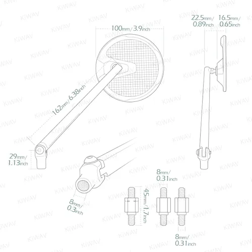 Vista 4 de KiWAV Aftermarket - Espejos retrovisores laterales redondos Mamba real fibra de carbono negro convexo ajustable M8 0.315 in 1.25 adaptadores de paso