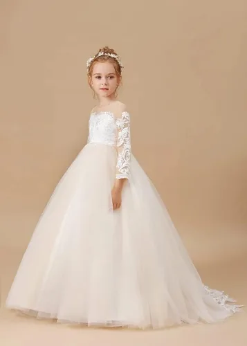 Vista 4 de Melinda - Vestidos de flores para niñas, apliques de encaje, tul de manga larga, vestido largo de princesa para boda, concurso