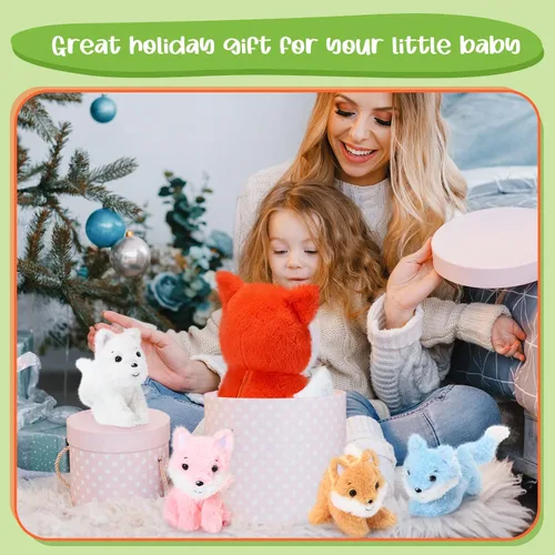 Vista 6 de HyDren Juego de 5 juguetes de peluche de zorro de 14 pulgadas con 4 lindos zorros de peluche en el abdomen, suaves peluches de zorro para baby