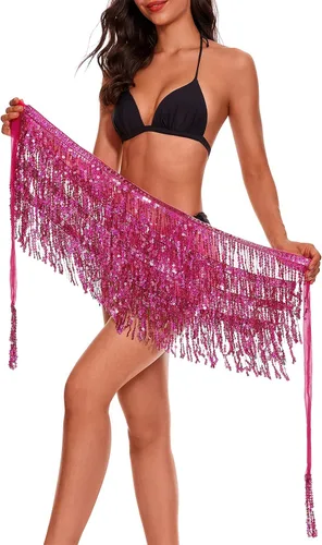 Vista 4 de Bufanda de cadera para mujer con flecos brillantes, falda de lentejuelas para fiesta de rave, disfraz de festival, falda de borla