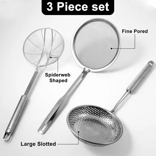 Vista 2 de Juego de 3 cucharas de colador y espumadera de araña, cucharón de acero inoxidable, tamiz de alambre de metal, agujeros grandes, colador ranurado