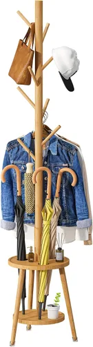 Vista 8 de Perchero de madera de bambú independiente con soporte para paraguas, soporte de altura ajustable con 8 ganchos, perchero para niños, utilizado