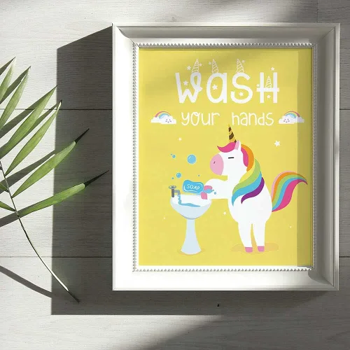 Vista 5 de Divertida decoración de baño de unicornio, bonitas pinturas de regalo para niños, cepillo de lavado, unicornio arco iris para niñas, impresiones