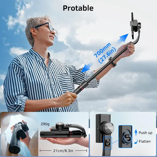 Vista 6 de Estabilizador de cardán para smartphone con control remoto, palo de selfie trípode extensible de aluminio, rotación automática de 360°, equilibrio