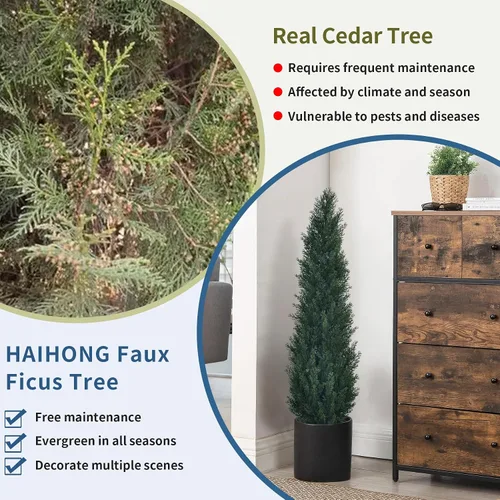 Vista 4 de HAIHONG 2 paquetes de árboles topiarios artificiales de cedro de 3 pies – árboles de ciprés topiario de boj falso, plantas en maceta, plantas