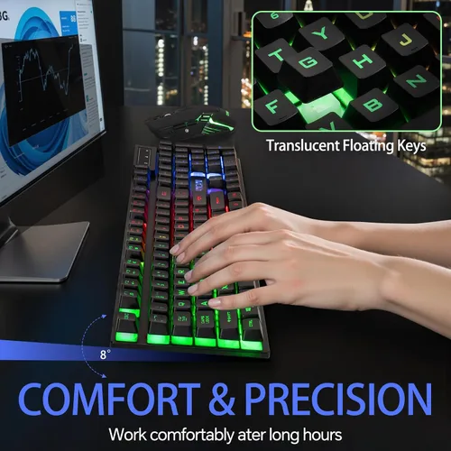 Vista 6 de CHONCHOW Combo de Teclado y Ratón Inalámbrico - 2.4G Recargable USB Arcoíris LED Retroiluminado Teclado Inalámbrico para Juegos, Teclas Multimedia