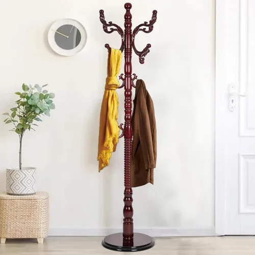 Vista 9 de Perchero de madera independiente, colgador de árbol de pasillo con ganchos de resina, perchero ajustable y resistente para colgar ropa, bolsas