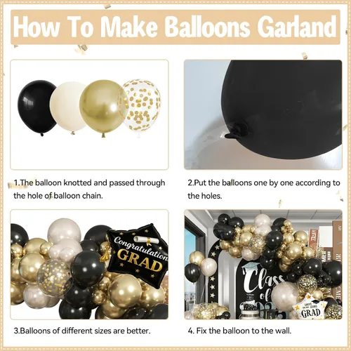 Vista 3 de Kit de arco de guirnalda de globos negro, blanco y dorado, arco de guirnalda de arena blanca perla metálica champán con globos de confeti