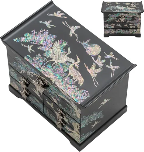 Vista 16 de Caja de Joyería February Mountain con Incrustación de Nácar - Diseño Tradicional de Flores y Mariposas Elegante para Ella