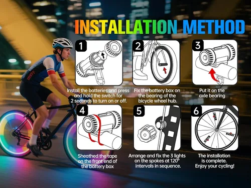 Vista 4 de Luces de rueda de bicicleta, luces de rueda de bicicleta para conducción nocturna, luz de radios de bicicleta con visibilidad de 360°, detección