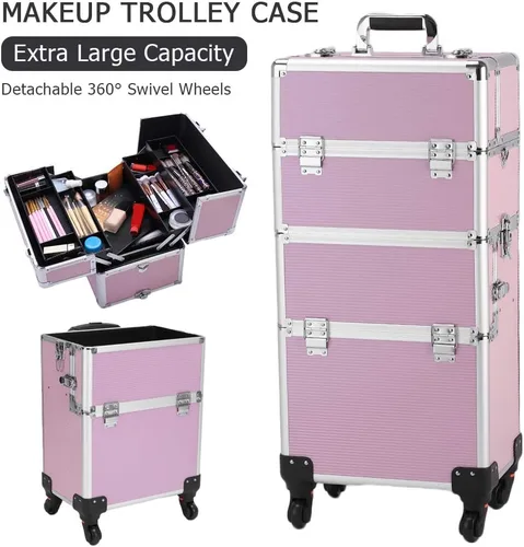 Vista 2 de Karl home Estuche de tren de maquillaje 3 en 1, carrito de cosméticos rodante, organizador de viaje de gran capacidad con llave ruedas giratorias